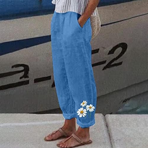 Ženske ležerne lanene hlače Ravne noge cvjetni džepovi za tisak pidžama hlače pamučne posteljine široke noge