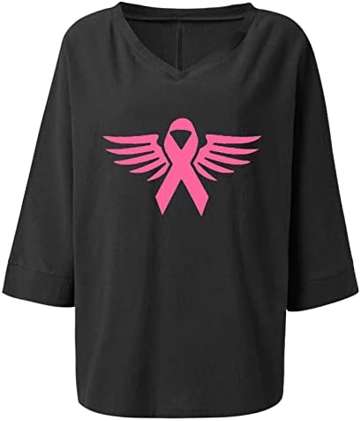 3/4 košulja za svijest o raku dojke za žene ružičaste anđeoske vrpce print grafički tee v vrat batwing labavi bluza vrh