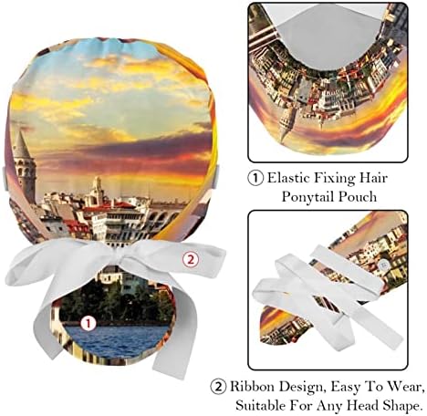 Medicinske kape za žene s gumbima dugačka kosa, 2 komada podesiva radna kapa, Turkey City Sunset Pejzaž višebojan