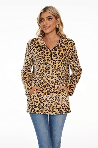 P&A modne ženske dukserice s leopardom s dugim rukavima V vrat Quarter Zip Fleece Pulover vrhovi