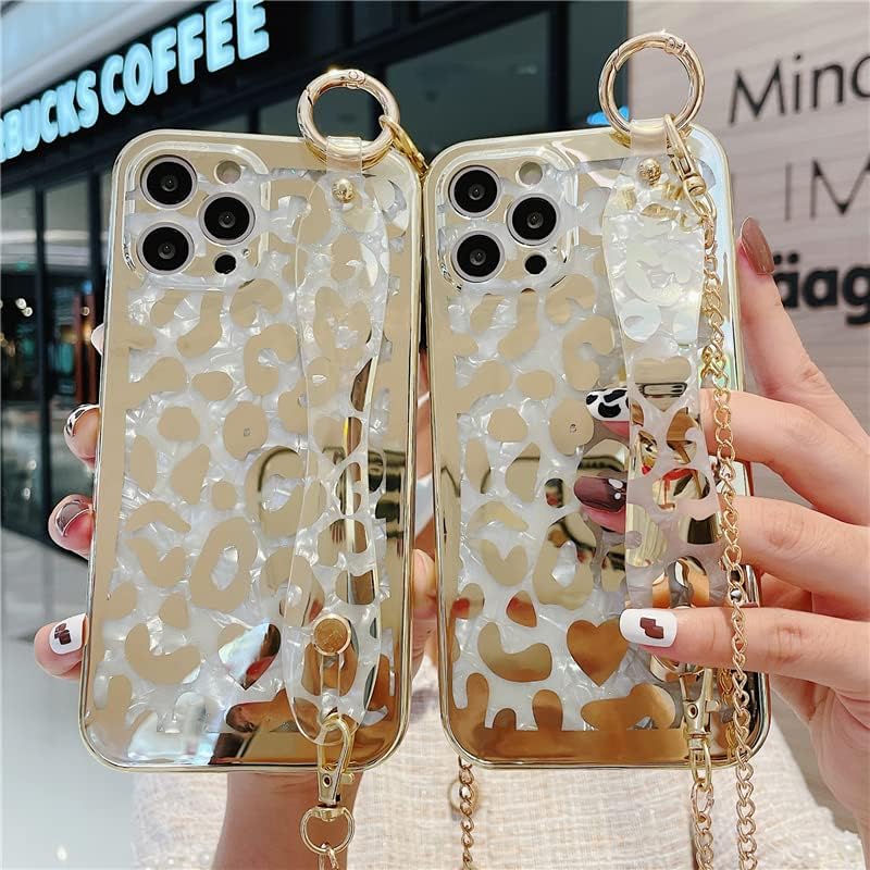 Za iPhone 14 Pro Max Case Wrist remen Kickstand Luksuzni leopard Bling Gold Gall Girls Glitter Shock otporan na zaštitni