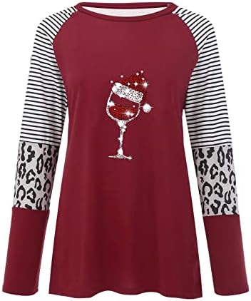 Božićna vinska stakla košulja žena xmas leopard prugasto spajanje dukserice boja blok ležerni vrhovi dugih rukava