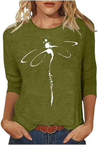 Bluza košulja za žene 2023 3/4 rukav pamuk od pamuka Crewneck Dragonfly Graphic Loose Fit Opušteni fit Lounge Top 3T