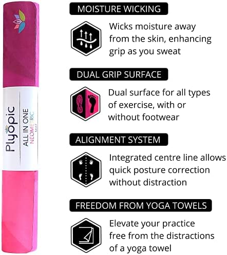 Plyopic All-in-One Yoga Mat | Luksuzni znoj za znoj/ručnik kombinacija | Ekološki prihvatljiva prirodna guma | Idealno za