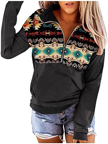 Ženski pola zip pulover casual krava tiska aztec geometrijska dukserica škak za patchwork s džepovima vrhovi