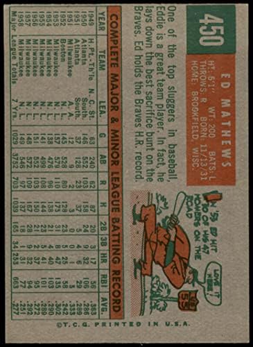 1959. Topps 450 Eddie Mathews Milwaukee Braves PSA 5 - Ex Braves