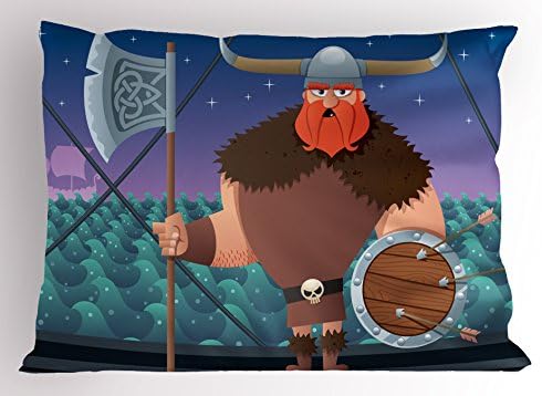 Ambsonne nordijski jastuk sramota, crtani viking lik na brodu Neustrašivi ratnik i valoviti more, ukrasna standardnu ​​veličinu